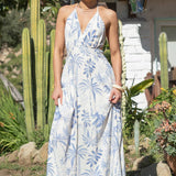 Palm Print Halter Maxi Dress - Light Blue / White
