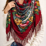 Western Vibe Long Fringe Floral Square Scarf/Shawl Coffee