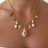 Ophélie 18K Gold Non-Tarnish Shell and Pearl Charm Necklace: Yellow Gold