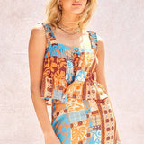 Printed Ruffle Top And Maxi Skirt Set: Orange Blue