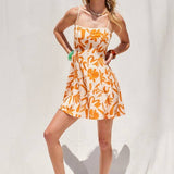 Abstract Print Mini Dress With Contrast Binding -  Orange & White