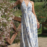 Palm Print Halter Maxi Dress - Light Blue / White