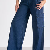 Denim Cargo Pants w/ Belted Tie Waist by Elan
