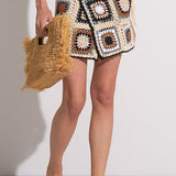 Crochet Diamonds Mini Wrap Skirt w/ Tie Waist - Tan / Blue / White- By Elan
