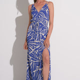 Sleeveless V Neck Maxi Dress with Tie Back by Elan - Blue Kauai
