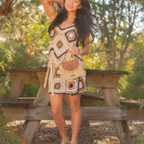Crochet Diamonds Tank w/ Fringe Bottom by Elan - Tan / Blue / White