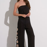 Strapless Black Jumpsuit w/ Crochet Diamonds Inset by Elan - Black / Tan