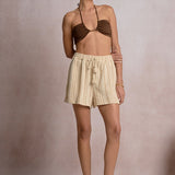 Textured Striped Drawstring Shorts by Elan - Taupe / White Stripe