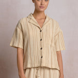 Short Sleeve Textured Striped Button Down Shirt by Elan - Taupe / White Stripe