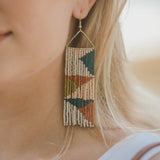 Teal,  Rust, Ivory, Pink Triangle On Triangle Beaded Fringe Earrings