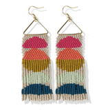 Beaded Half Circles On Triangle Fringe Earrings - Ivory, Pink, Citron Peacock