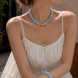 Pastel Marble Statement Beaded Necklace & Bracelet Set: Blue