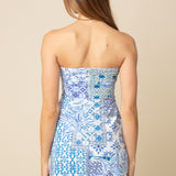 Strapless Patchwork Mini Dress With Tie Front - Blue and White