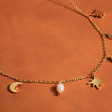 Amaury 18K Gold Non-Tarnish Pearl Moon and Star Choker: Yellow Gold