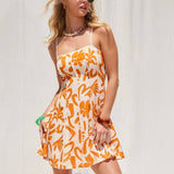 Abstract Print Mini Dress With Contrast Binding -  Orange & White