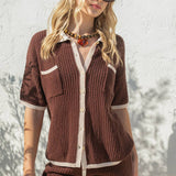 Crochet Matching Set - Button Up Top & Shorts -  Chocolate Brown / White