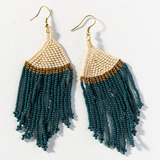 Teal, Cream, Gold Fringe Earrings