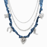 3 Layered Western Denim Bandana Scarf Necklace: Blue