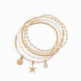 Coastal Sealife Starfish & Pearl Stretch Bracelet Set of 5: Gold Light Pink