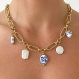 Riela 18K Gold Non-Tarnish Ceramic Floral Chain Necklace: Blue