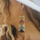 Beaded Half Circles On Triangle Fringe Earrings - Muted - Ivory, Purple, Citron, Teal
