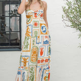 Tropical Print Strapless Maxi Dress With Open Back - White / Multi