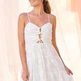 White Embroidered Cut Out Mini Dress - Off White