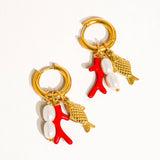 Rocaille 18K Gold Non-Tarnish Fish Pearl Earring: Red
