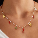 Praiano 18K Gold Non-Tarnish Pepper Charm Pearl Necklace: Red