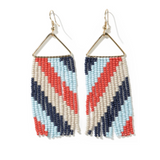 Light Blue, Red Diagonal Stripe  Triangle Fringe Earrings