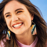 Black, Yellow, Light Blue Diagonal Stripe  Triangle Fringe Earrings