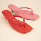 SQUARE TOE THONG STRAP KITTEN HEELS: RED