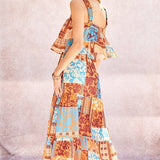 Printed Ruffle Top And Maxi Skirt Set: Orange Blue