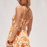 Abstract Print Mini Dress With Contrast Binding -  Orange & White