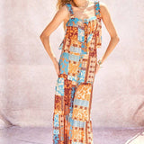 Printed Ruffle Top And Maxi Skirt Set: Orange Blue