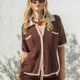 Crochet Matching Set - Button Up Top & Shorts -  Chocolate Brown / White