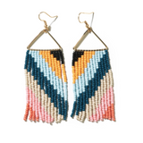 Black, Yellow, Light Blue Diagonal Stripe  Triangle Fringe Earrings