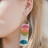Beaded Half Circles On Triangle Fringe Earrings - Ivory, Pink, Citron Peacock