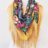 Western Vibe Long Fringe Floral Square Scarf/Shawl Coffee