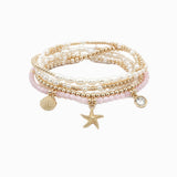 Coastal Sealife Starfish & Pearl Stretch Bracelet Set of 5: Gold Light Pink