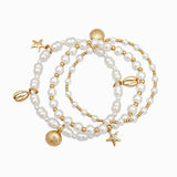Coastal Stackable Shell Starfish Pearl Stretch Bracelet 3 set: Gold