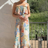 Strapless Jumpsuit With Ruffle Top - Tan Tropical Print