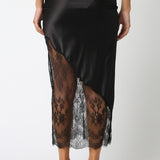 Black Asymetrical Satin Slip Skirt With Lace Inset