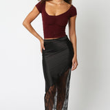 Black Asymetrical Satin Slip Skirt With Lace Inset