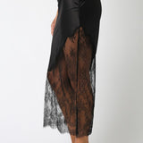 Black Asymetrical Satin Slip Skirt With Lace Inset