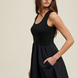 Short Tank Dress w/ Stretchy Top & Flowy Skirt - Black