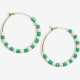 Blush Pink & Green Beaded Hoop Dangle Earrings