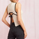 Contrast Trim Ribbed Knit Tank Top With Open Back - Taupe / Black