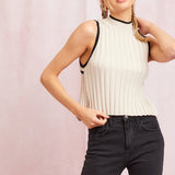 Contrast Trim Ribbed Knit Tank Top With Open Back - Taupe / Black