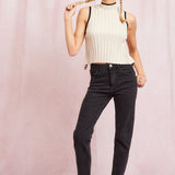 Contrast Trim Ribbed Knit Tank Top With Open Back - Taupe / Black
